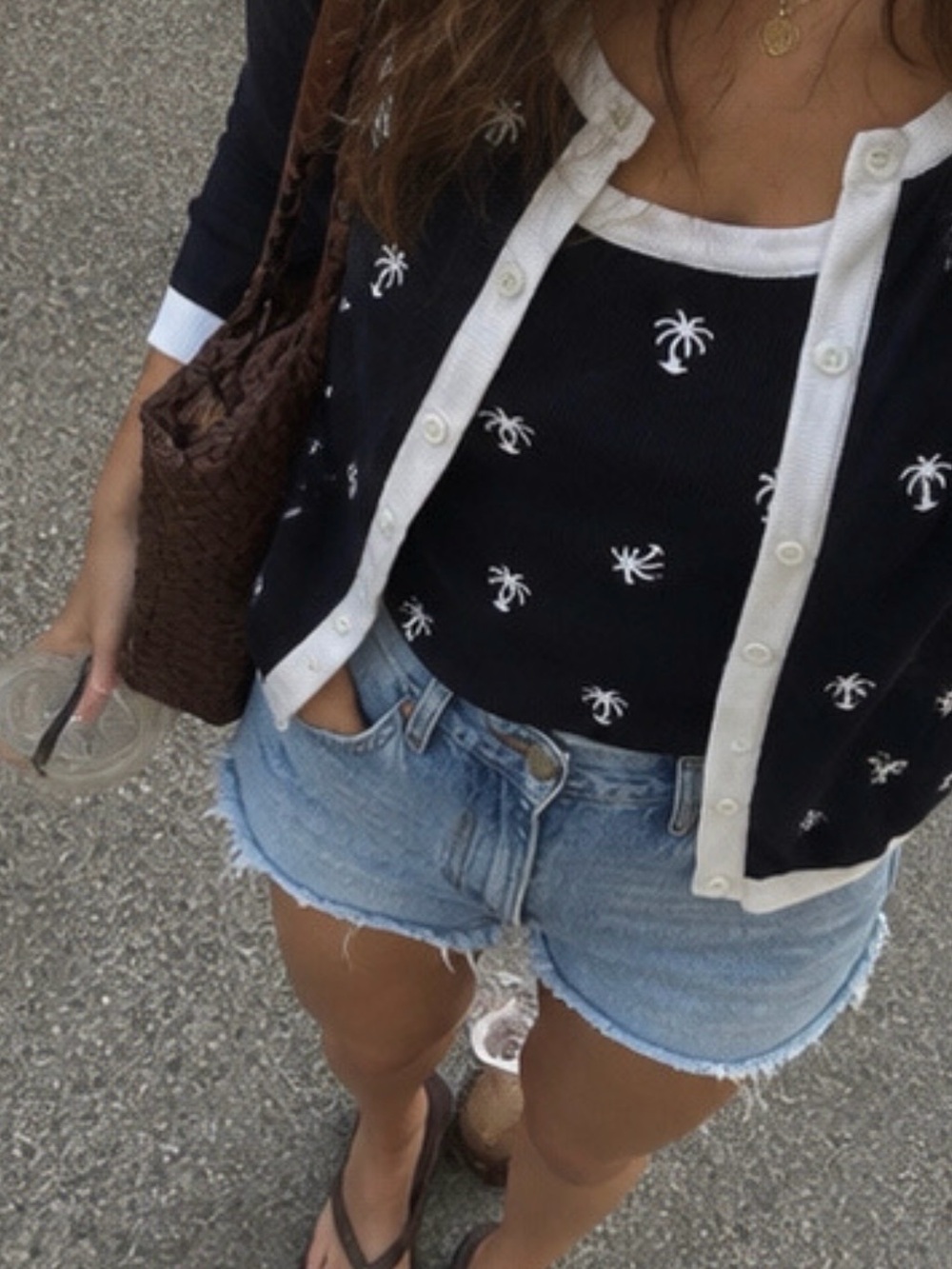 Navy Embroidered Palm Tree Print Knit Cardigan and Knit Tank Set xs